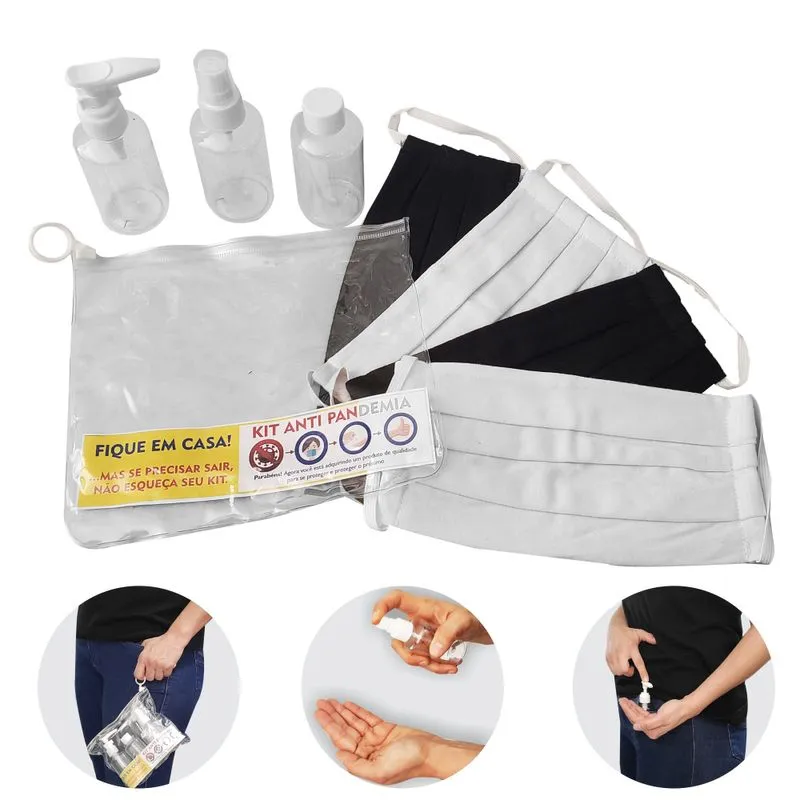 Kit Higiene 4 Máscaras Tecido Lavável Proteção + 3 Potes + Necessaire