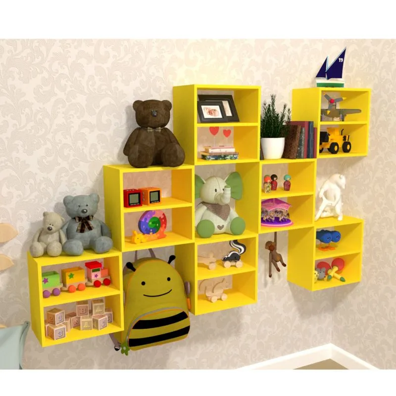 Kit 7 Nichos Cubo com 1 Prateleira Lema Kit Cubos Baby Bramov Móveis Amarelo