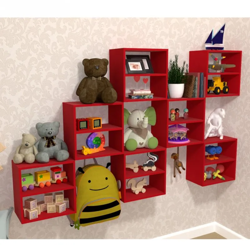 Kit 7 Nichos Cubo com 1 Prateleira Lema Kit Cubos Baby Bramov Móveis Vermelho