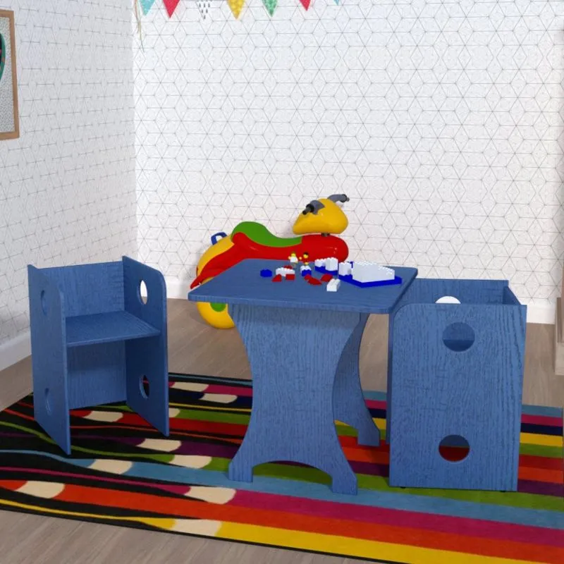Kit Infantil 1 Mesa e 2 Bancos Clei Caroti Kit Cubos Baby Bramov Móveis Azul