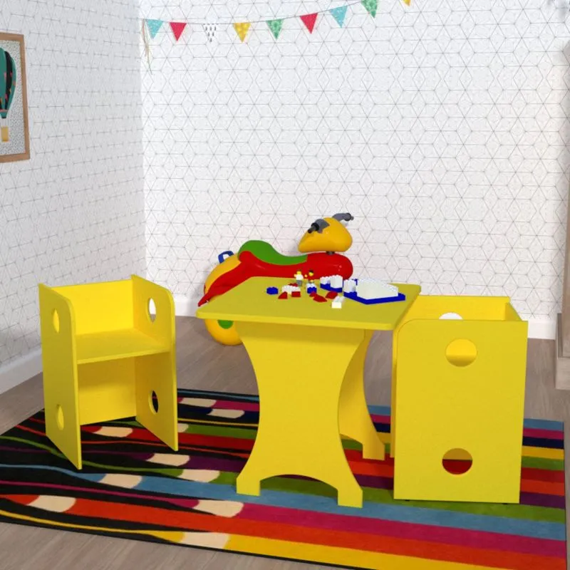 Kit Infantil 1 Mesa e 2 Bancos Clei Caroti Kit Cubos Baby Bramov Móveis Amarelo