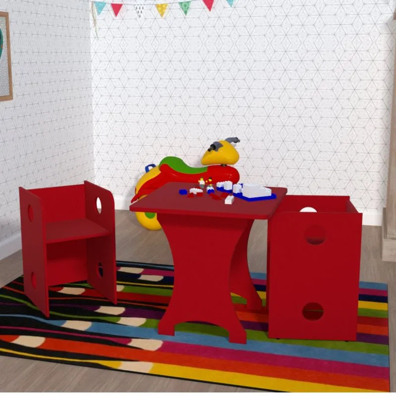 Kit Infantil 1 Mesa e 2 Bancos Clei Caroti Kit Cubos Baby Bramov Móveis Vermelho