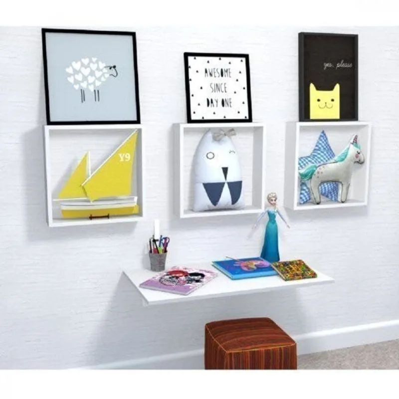Conjunto 3 Nichos e 1 Mesa Dobrável de Parede Vidame Kitcubos Branco Branco