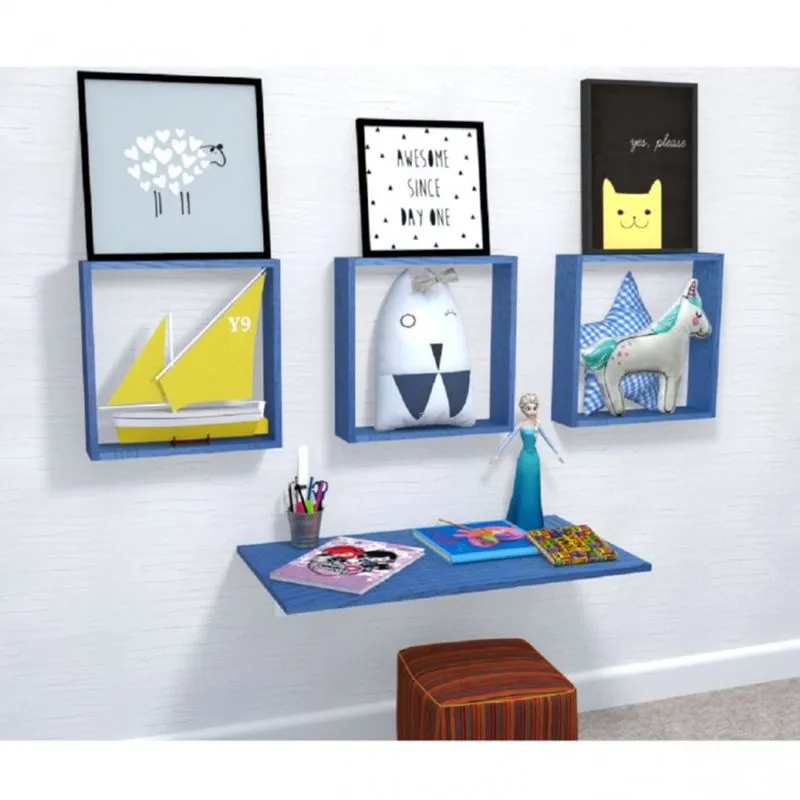 Conjunto 3 Nichos e 1 Mesa Dobrável de Parede Vidame Kitcubos Bramov Móveis Azul
