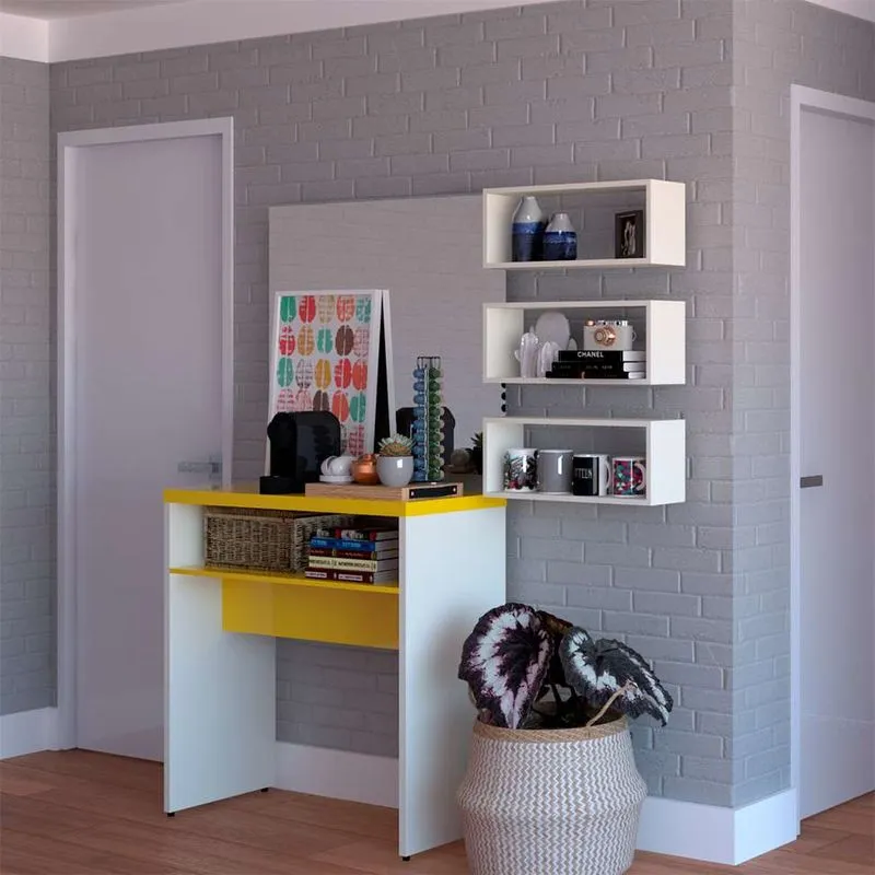 Conjunto de Aparador e 3 Nichos Balin Branco e Amarelo