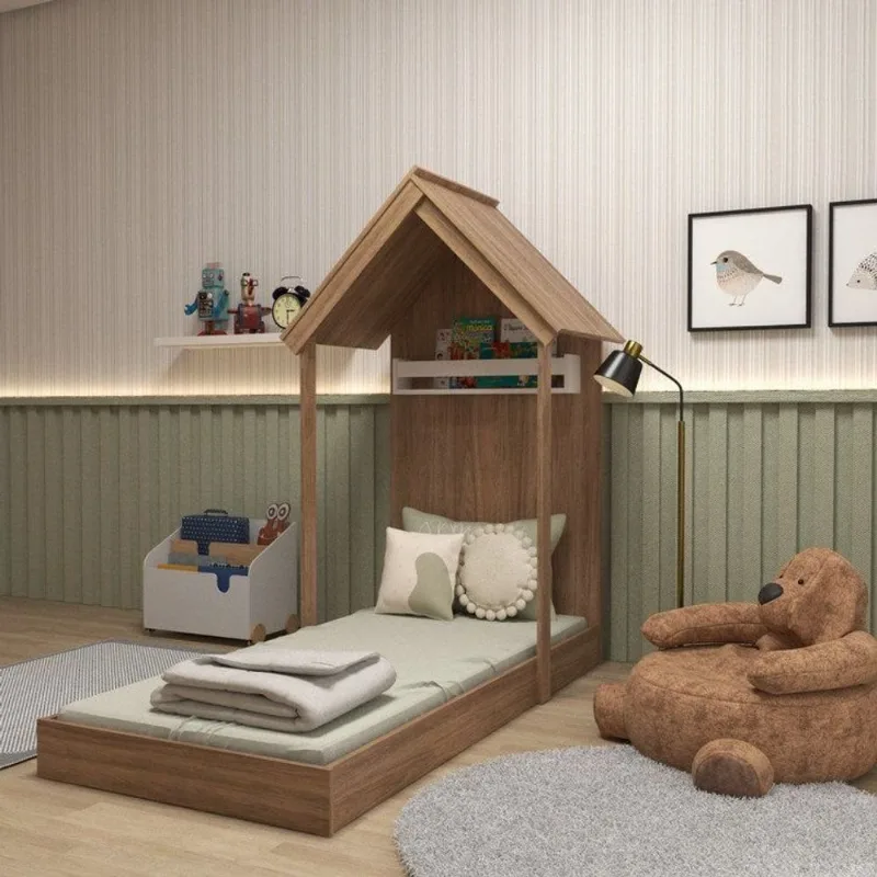 Mini Cama Infantil 1 Prateleira Casinha Bege/Carvalho Mel Carvalho Mel