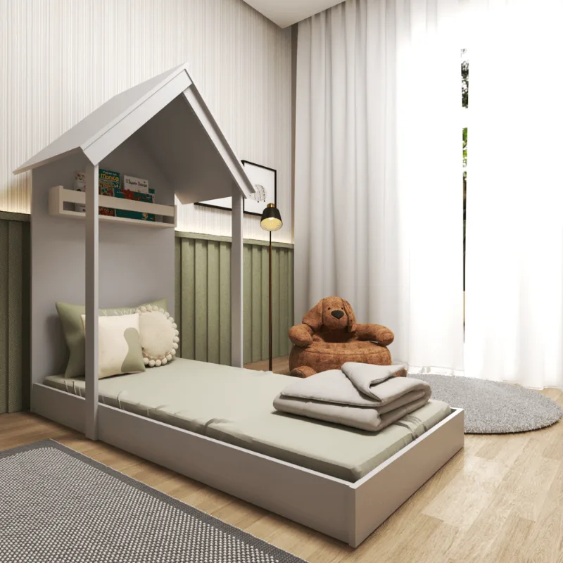 Mini Cama Infantil 1 Prateleira Casinha Cinza/Cristal Cinza Cristal