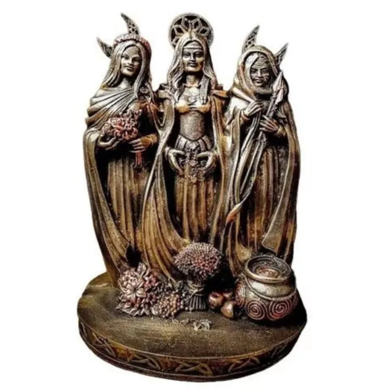 Deusa Tríplice - Resina - Dourado - Lua Religião Wicca - Estatua Decoração - 26cm