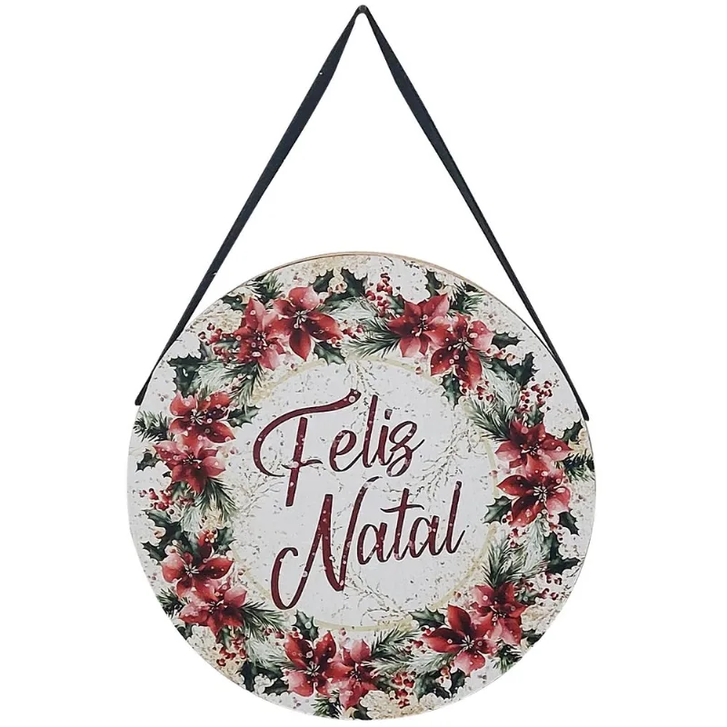 Placa Natalina Decorativa 20cm em Madeira NSW Placa Redonda Natalina 20cm em Madeira NSW