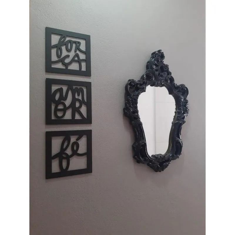 Kit Com 3 Quadros Amor, Fé E Força Mdf Vazado Preto