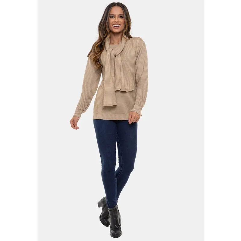 Tricô Blusa Pink Tricot Manga Longa com Cachecol Feminina