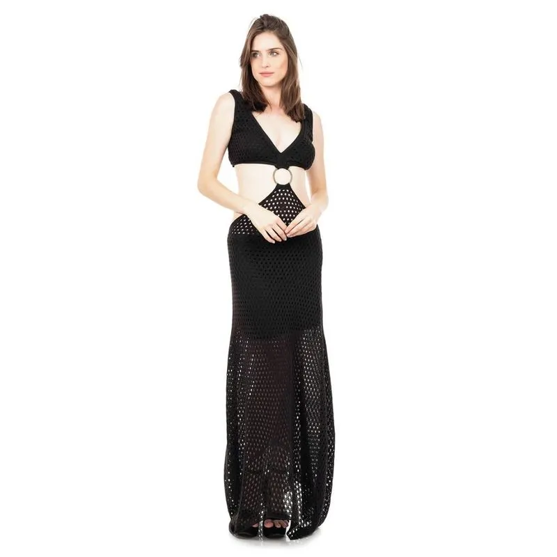 Vestido Longo Tricô Tricot Detalhe Argola Decote na Cintura Feminino