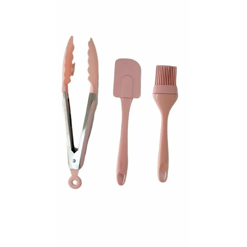 Pincel Espátula Pegador Utensílio Silicone Kit 3 Peças Rosa