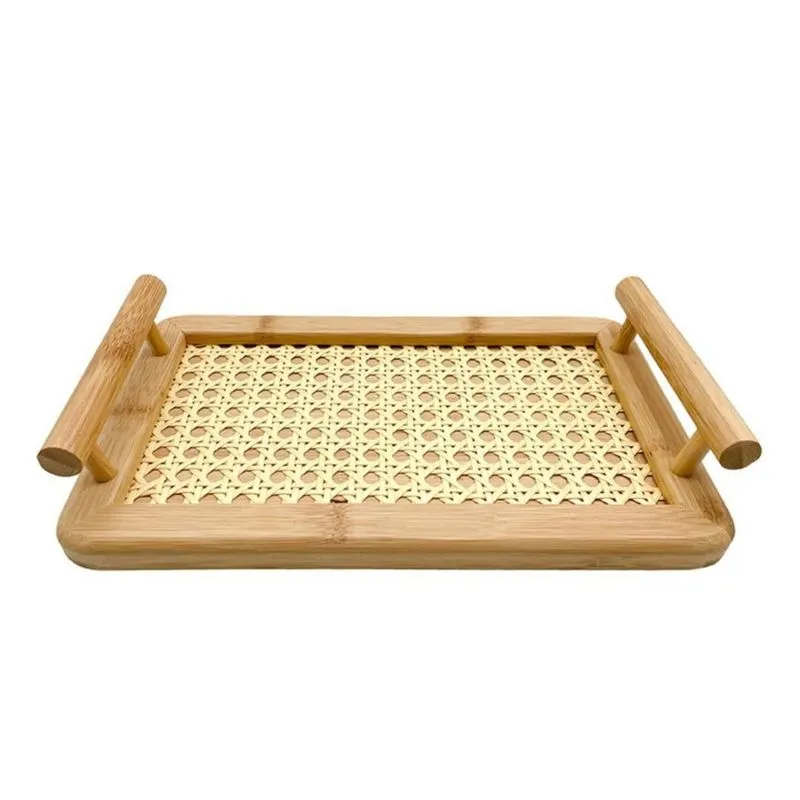 Bandeja De Bambu Com Alças E Fundo Em Treliça 28x16cm