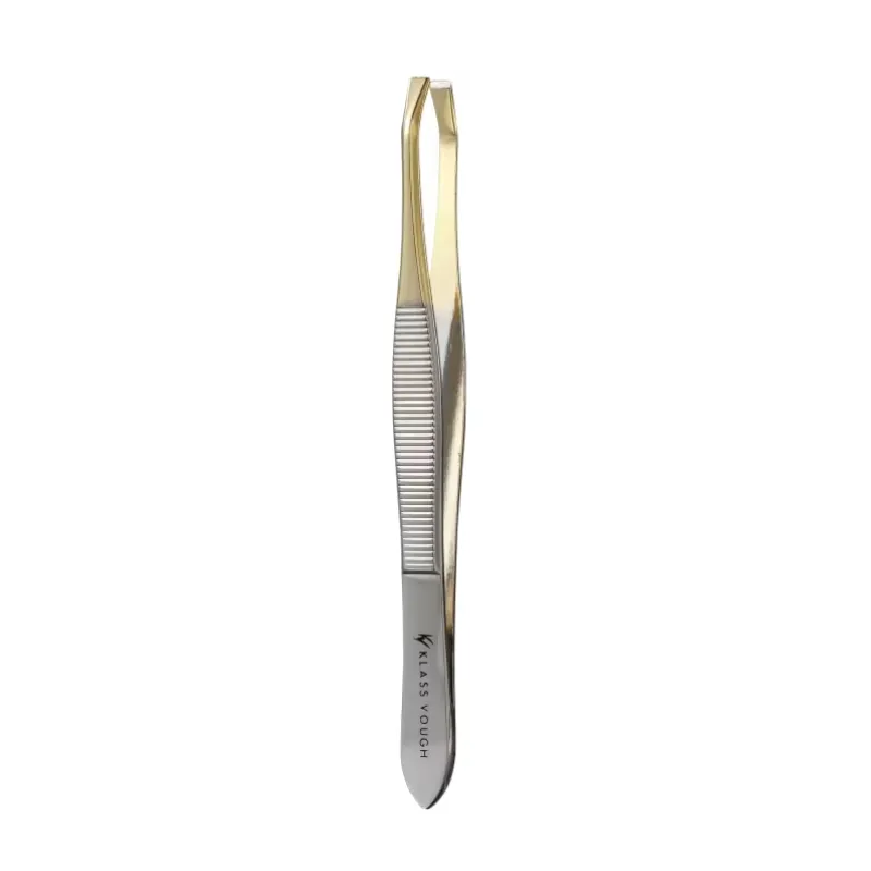 Pinça Canelada Ponta Reta Dourada para Sobrancelhas Aço Inox Esterilizável TW-008CHG Klass Vough