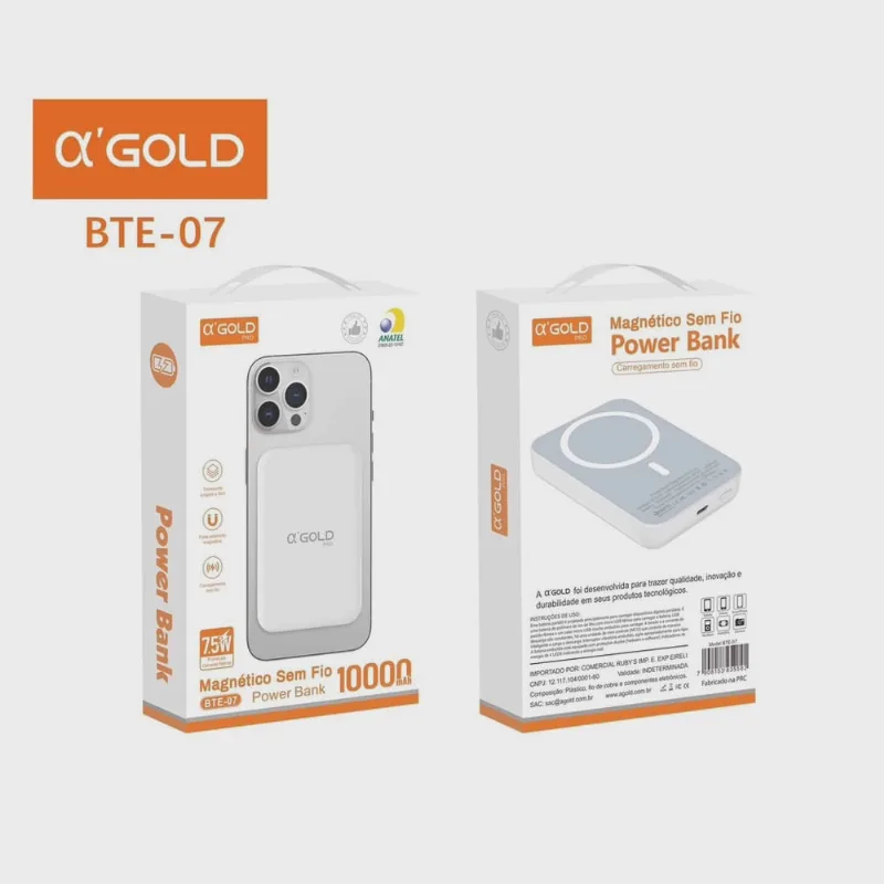 Carregador Power Bank 10000mah Magnético Indução Sem fio 7.5w Para iPhone 12 13 14 A'GOLD BTE-07