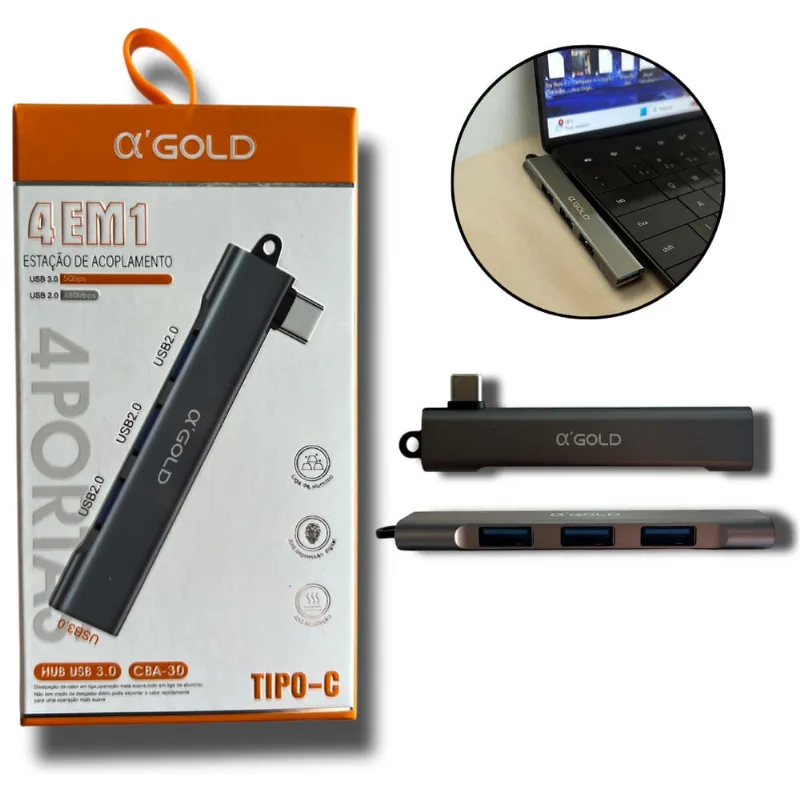 Adaptador hub 3.0 Multi USB C com 4 Portas USB A'Gold CBA-30