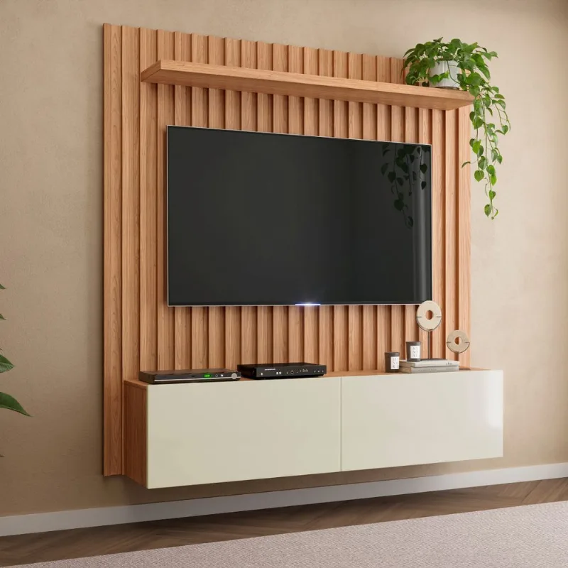 Painel Suspenso Ripado em MDF 178cm com 2 Portas Basculante Freijó/Off White Dalla Costa
