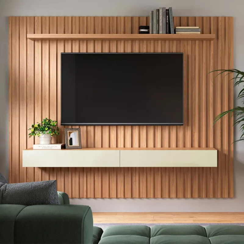 Painel Suspenso Ripado 2,28m c/ Leds e 2 Gavetas 100% MDF