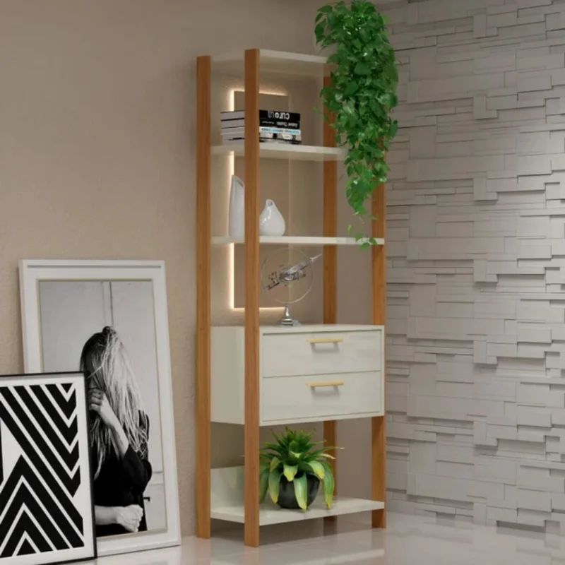 Estante 5 Prateleiras 2 Gavetas Off White Freijó 73x32x185 cm Dalla Costa