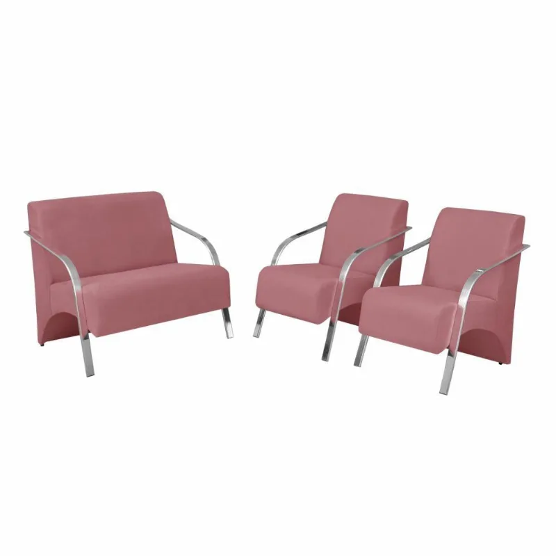 Conjunto Poltrona Vênus Braço Alumínio Suede Rosa