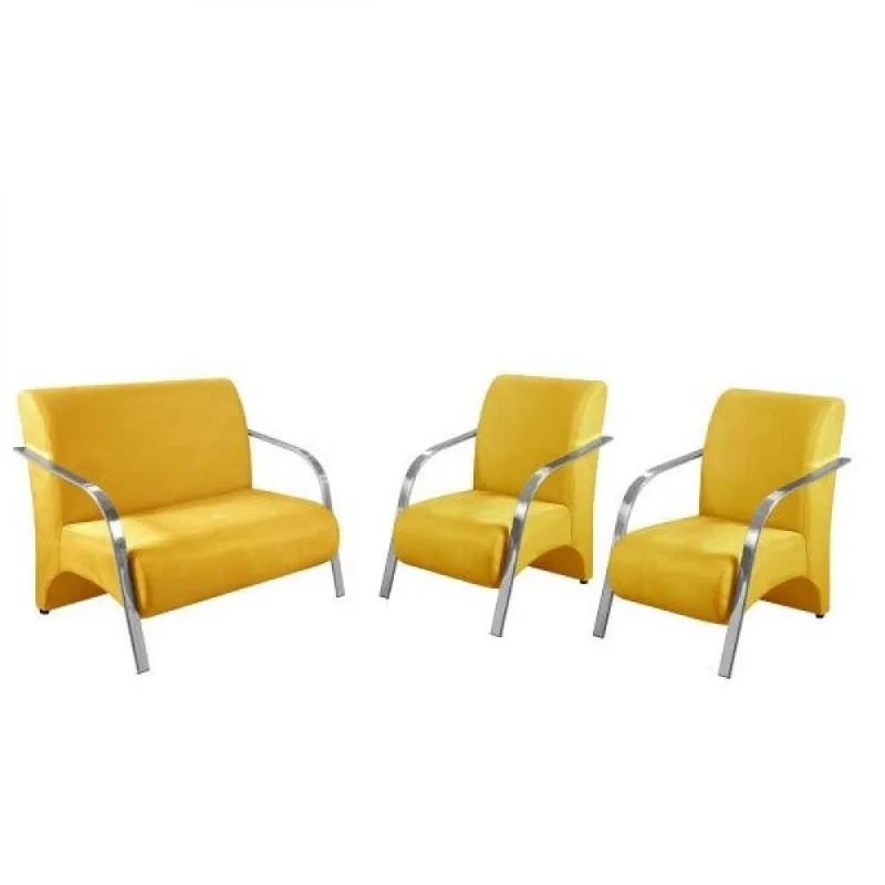 Conj Poltrona Vênus Braço Alumínio Kit 3 Peças Suede Amarelo