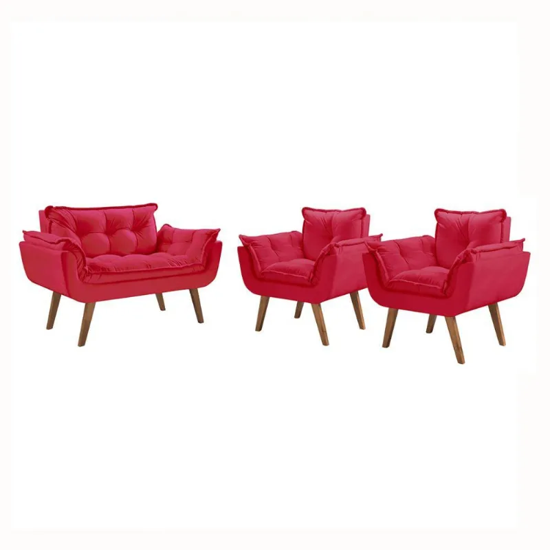 Conjunto Poltronas Opalla Lugar Pés Madeira D Salla Vermelho