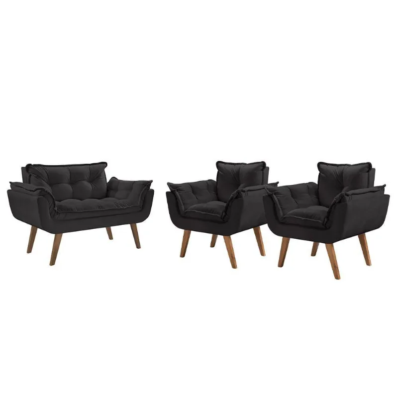 Conjunto Poltronas Opalla Pés Madeira D Salla Preto