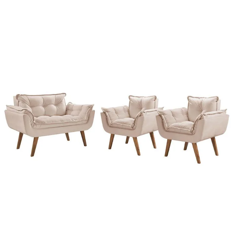 Conjunto Poltronas Opalla Pés Madeira D Salla Bege
