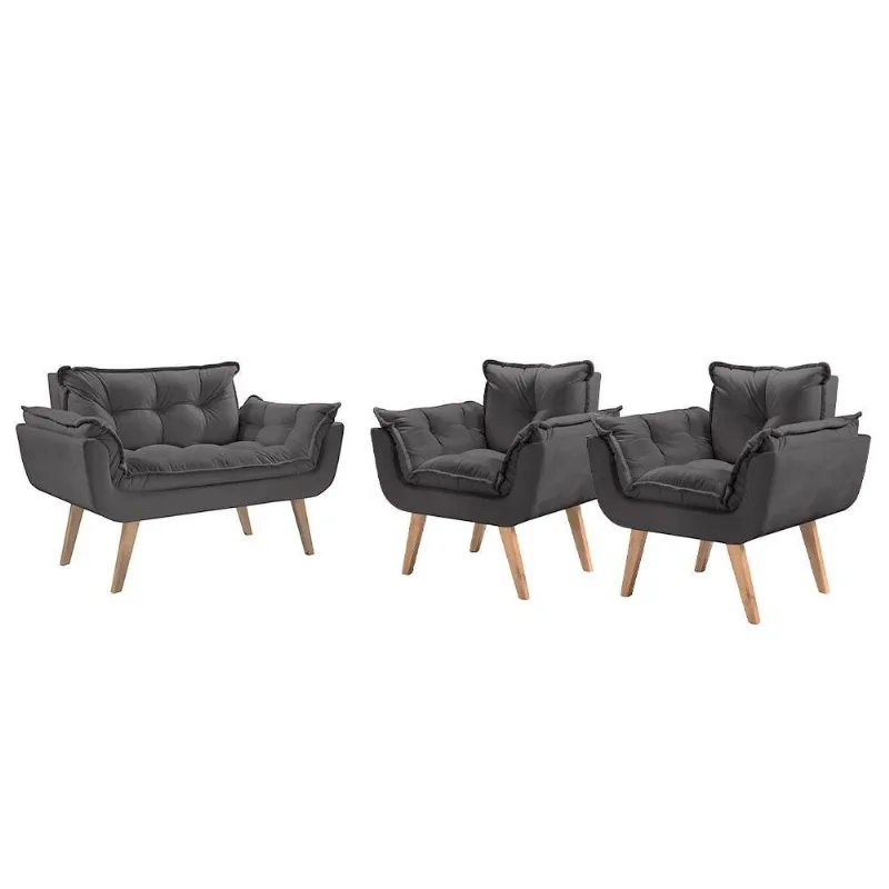 Conjunto Poltronas Opalla Pés Madeira D Salla Cinza