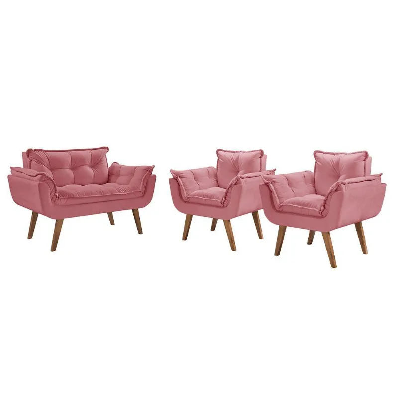 Conjunto Poltronas Opalla Pés Madeira D Salla Rosa