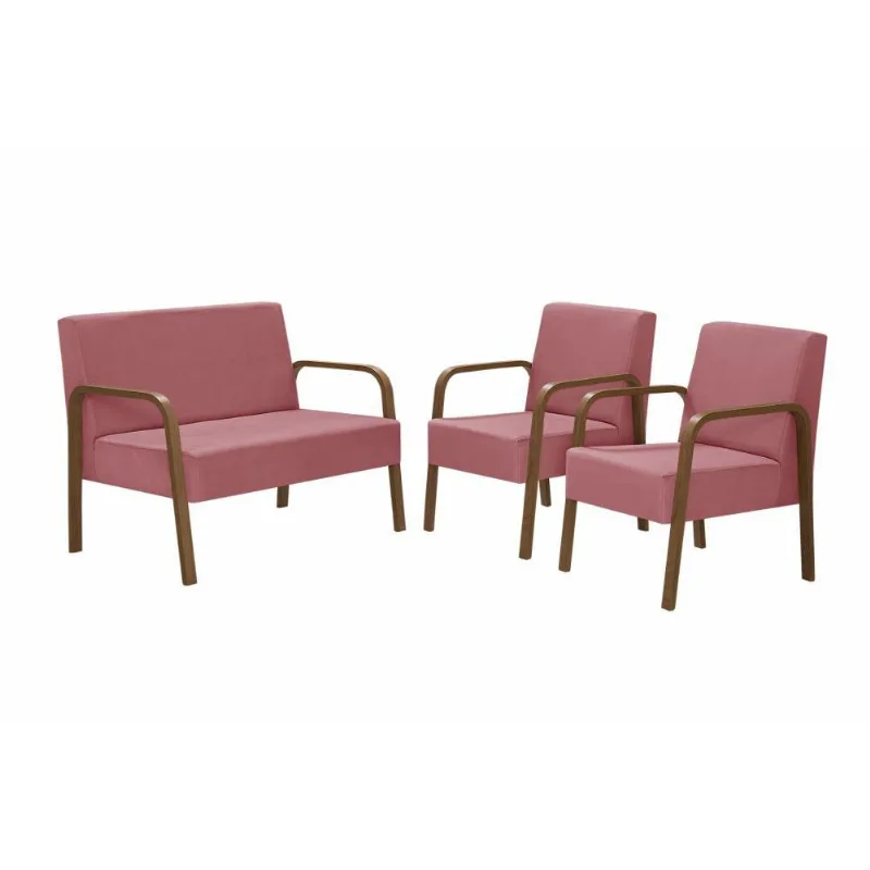 Conjunto Poltrona Jade Braço Madeira Suede Rosa
