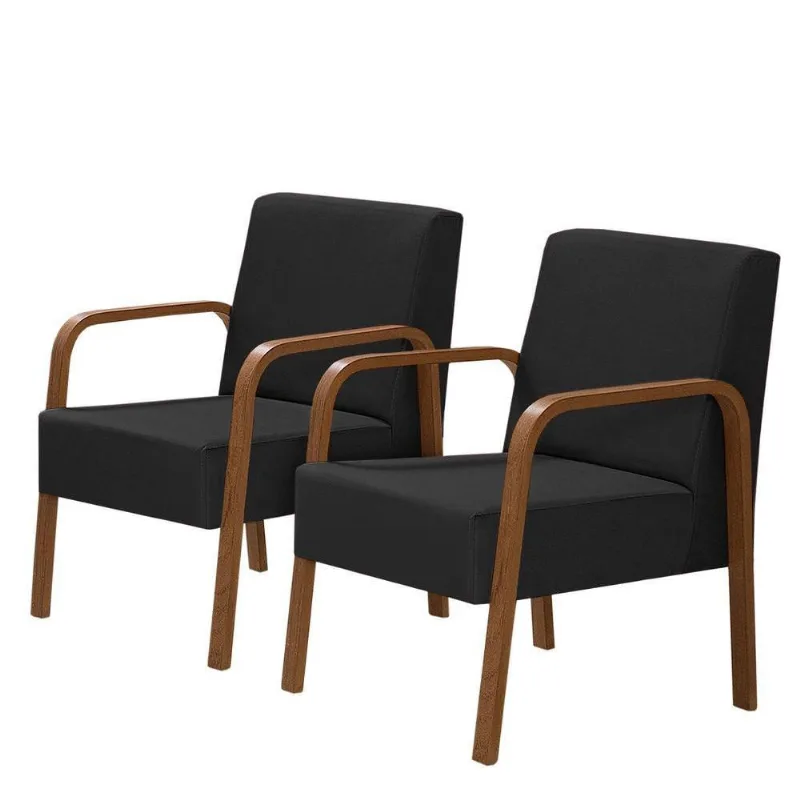Kit 2 Poltronas 1 Lugar Jade Pé Madeira Suede Preto