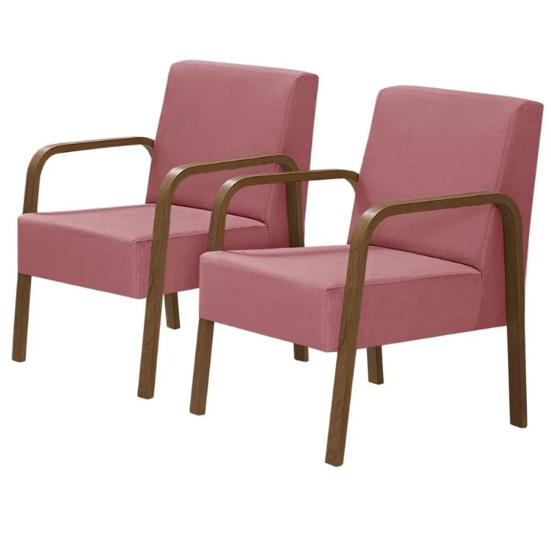 Kit 2 Poltrona 1 Lugar Jade Braço Madeira Suede Rosa.