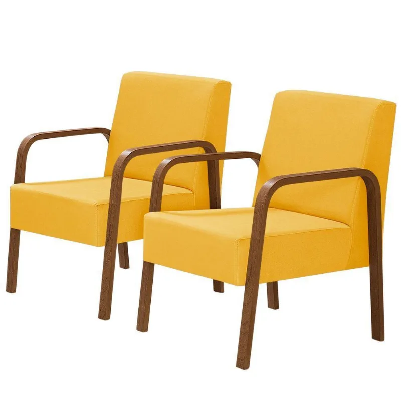 Kit 2 Poltronas 1 Lugar Jade Braço Madeira Amarelo