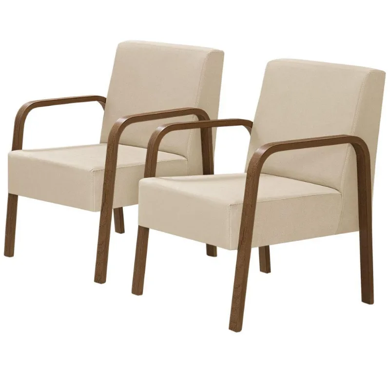 Kit 2 Poltrona 1 Lugar Jade Braço Madeira Suede Bege