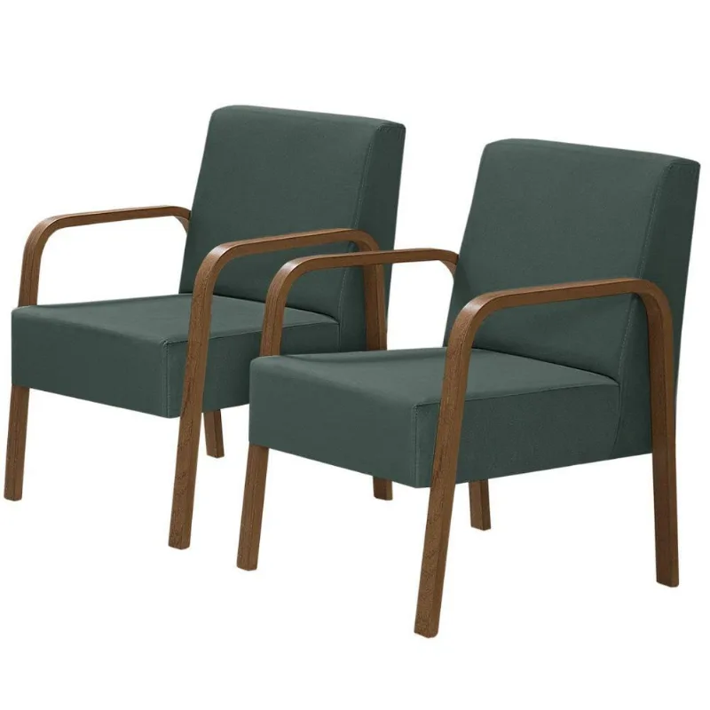 Kit 2 Poltronas 1 Lugar Jade Pé Madeira Suede Verde