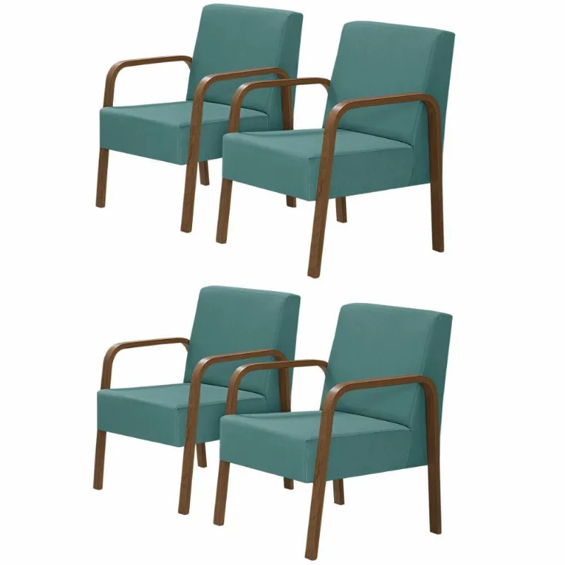 Kit 4 Poltronas 1 Lugar Jade Braço Madeira Turquesa
