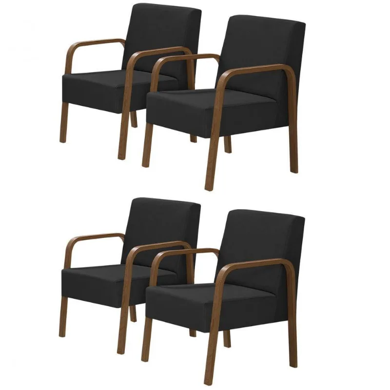 Kit 4 Poltronas 1 Lugar Jade Pé Madeira Suede Preto
