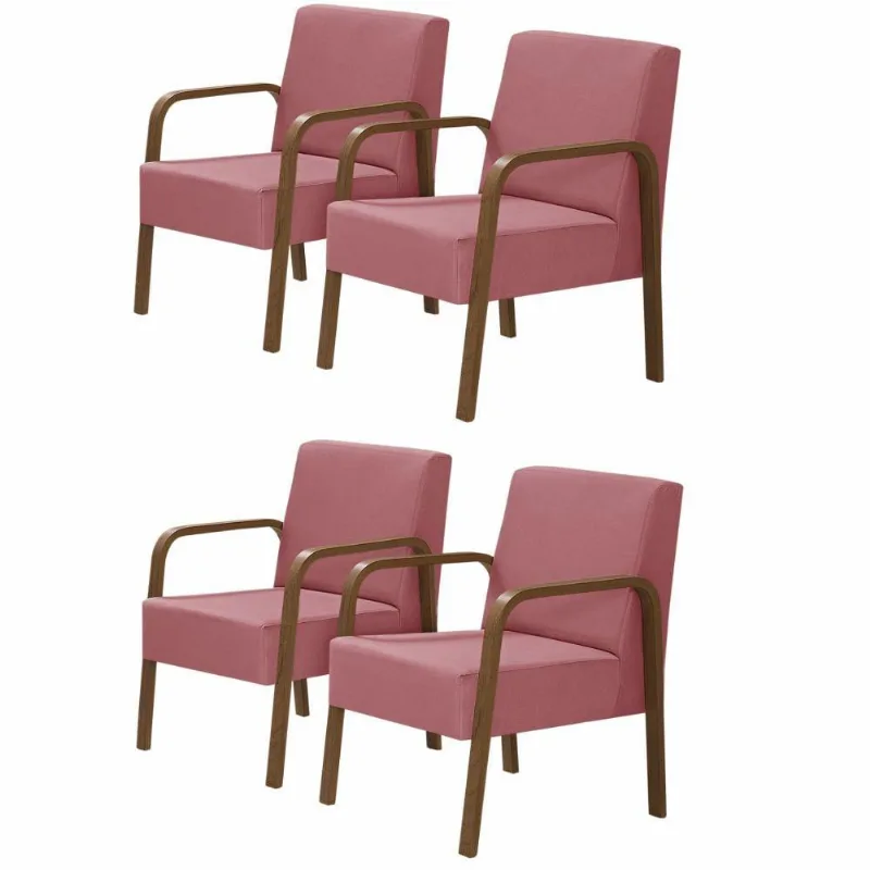 Kit 4 Poltrona 1 Lugar Jade Braço Madeira Suede Rosa