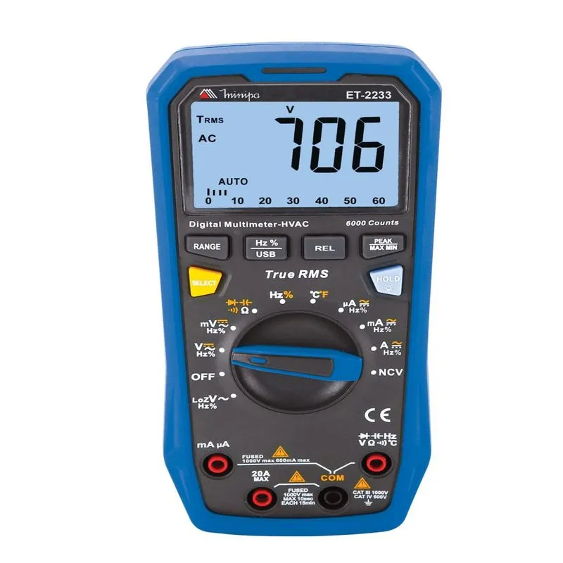 Multímetro Digital True Rms Capacitância Frequência Temperatura Luz E Interface Usb ET-2233 Minipa