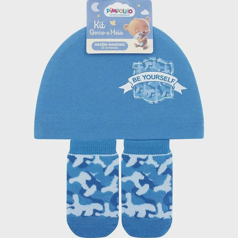 Touca bebê + meia 0 à 3 meses malha pimpolho Azul