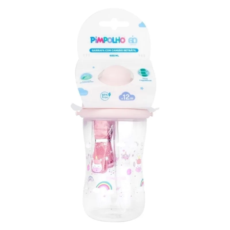 Garrafa c/ Canudo Retrátil Pimpolho Feminino Rosa/Unicórnio 400ml 97981