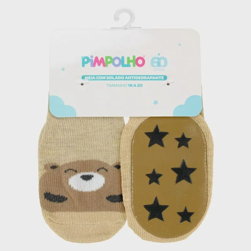 Meia bebê pimpolho com solado antiderrapante 16 A 20 urso