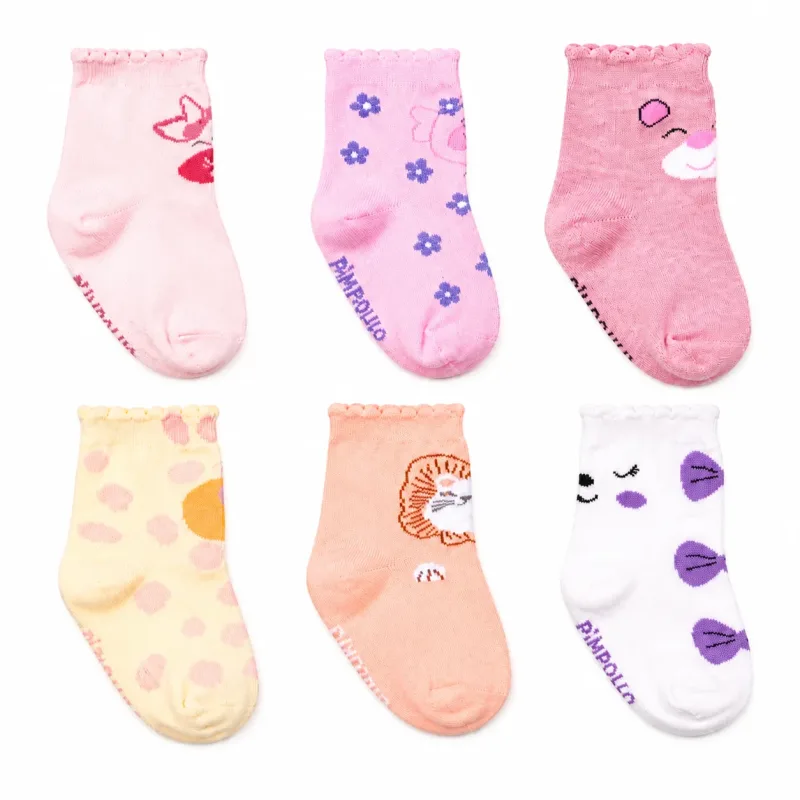 Kit 6 Pares Meia Infantil Antiderrapante Menina Pimpolho Tam. 21-25