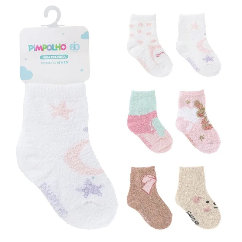 Meia Felpuda Cano Alto Pimpolho Chenille Infantil Menina 16-20