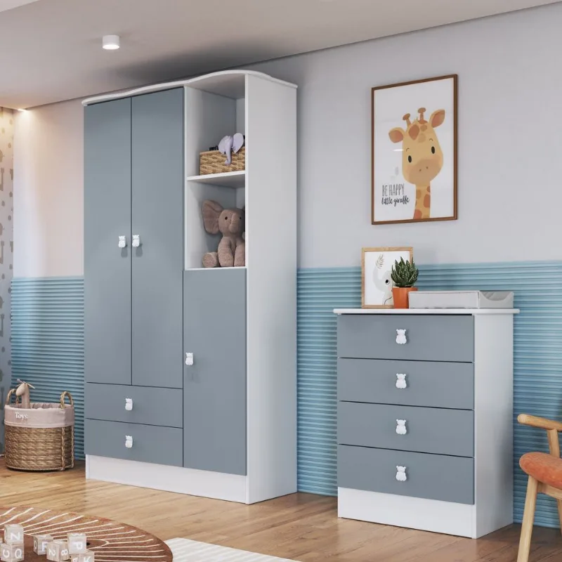 Conjunto de Quarto de Bebê com Guarda-Roupa 3 Portas e Cômoda Azul Arco-Íris Espresso Móveis Bra Branco/Azul