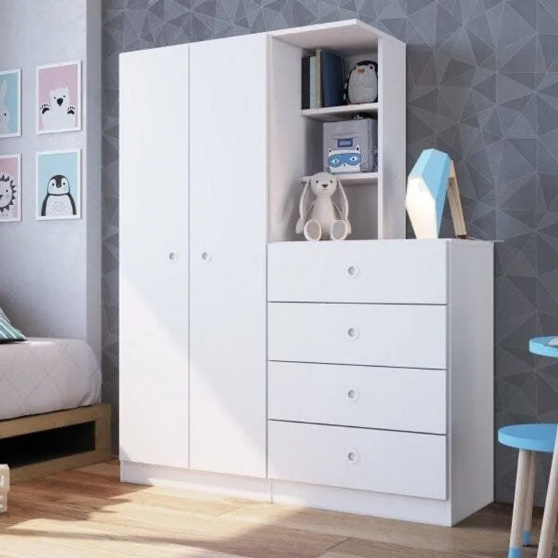 Guarda-Roupas Solteiro Infantil/Juvenil 2 Portas e Cômoda 4 Gavetas Montessoriano Meu Fofinho Branco Branco