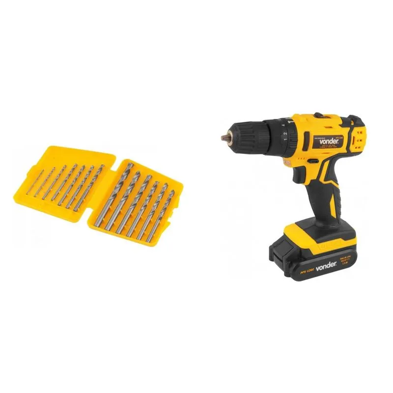Kit Ferramentas MadeiraMadeira com Parafusadeira/Furadeira 12V Bivolt e Jogo de Brocas de Aço Rápido 15mm a 65mm 389969 Amarelo
