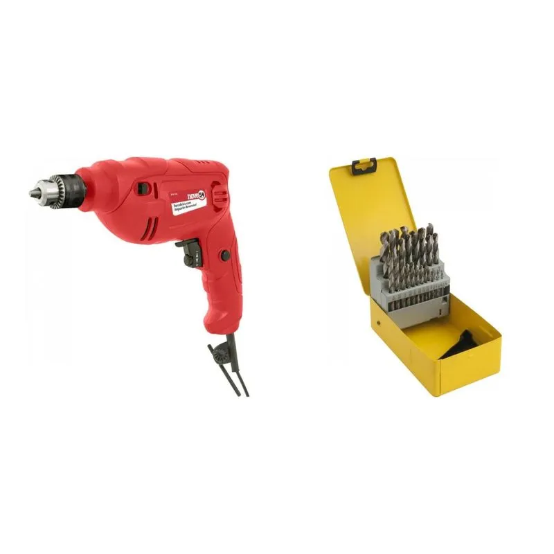 Kit Ferramentas MadeiraMadeira com Jogo de Brocas de Aço Rápido 1/16' a 1/2' e Furadeira com Impacto 3/8 Polegadas 127V 390025 Vermelho